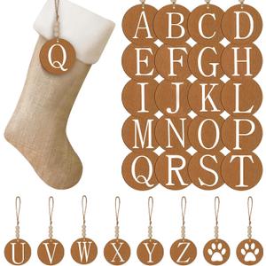 Suzile 28 Pieces Christmas Stocking Name Tags Xmas Wooden Stocking Tags with Beads DIY Rustic Xmas Letters Hanging Ornaments for Christmas Tree Farmhouse Decorations Classic