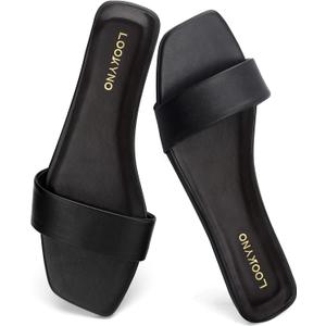 Women's Flat Sandals Square Fashion Basic Sandals Slides Comfortable Slip On Summer for Slippers Casual Peep Toe Beach (7, Black)