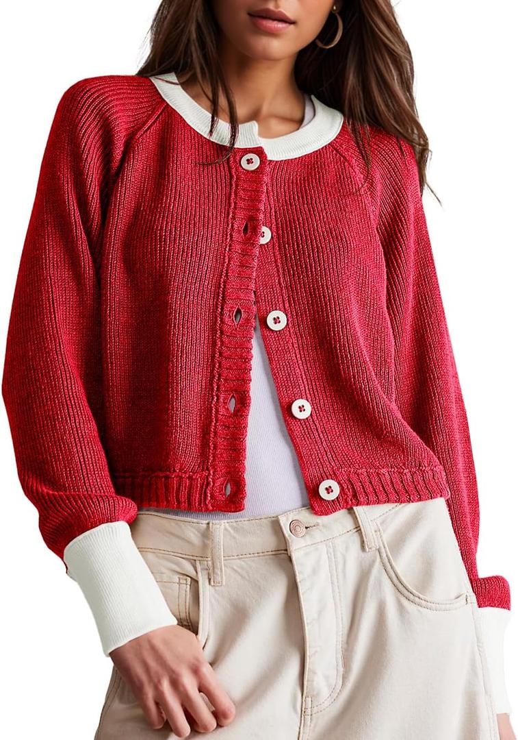 Women's Cropped Cardigan Sweaters Fall Long Sleeve Open Front Cardigans Button Down Color Block Crewneck Knit Outwear Coats Red, Medium 