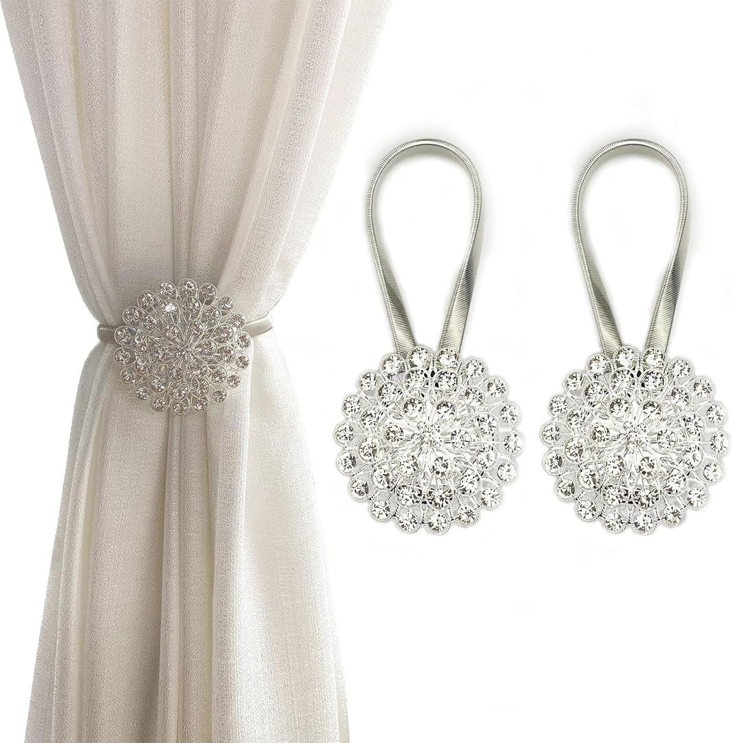 Magnetic Tiebacks for Curtains, 2 Pack Sparkling Crystal Flower Curtain Tiebacks Curtain Buckle Clips with High-Elastic Spring Wire for Home Office Decoration (White)