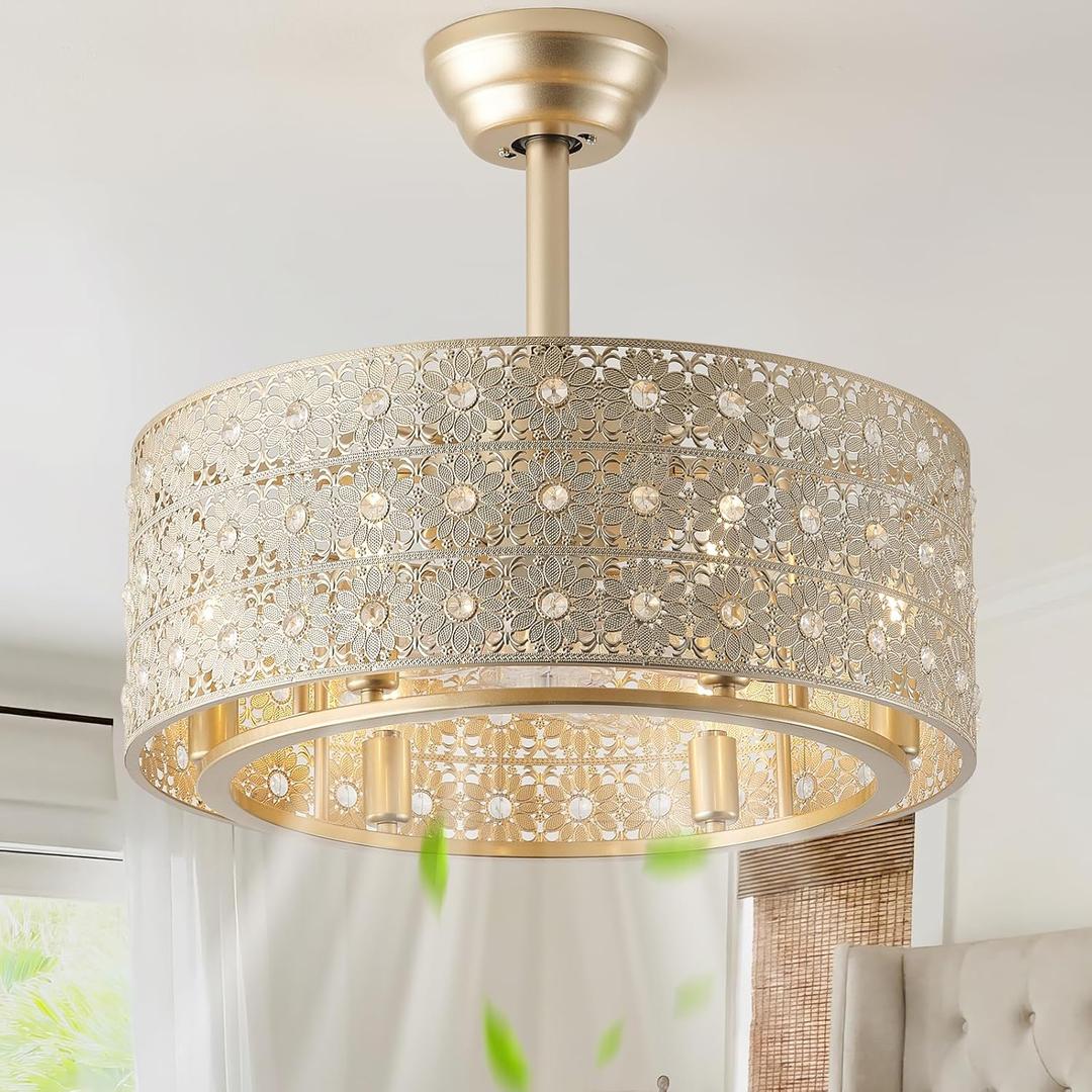 20" Gold Fandelier Crystal Ceiling Fans with Lights, Cage Gold Chandelier Ceiling Fan with Light Remote Control, 6-Speed for Bedroom, Nursery, Foyer, Living Room