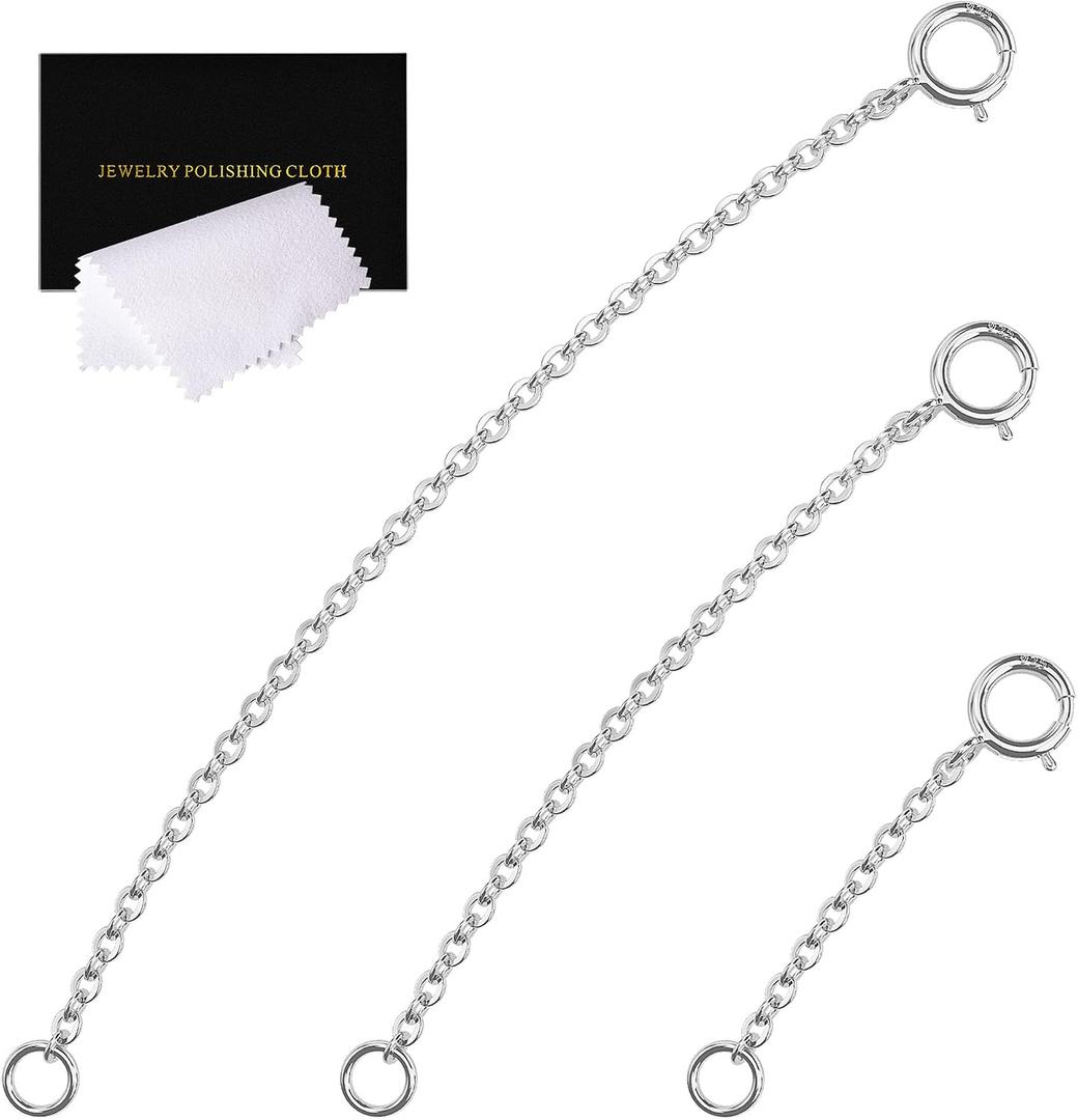 3 Pcs 925 Sterling Silver Necklace Extender Silver Chain Extenders for Necklaces Bracelet Bracelet Anklet Jewelry Extension for Women, 3 Piece Set (1, 2, 3 Inches)