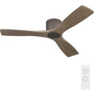WINGBO 48 Inch Flush Mount DC Ceiling Fan without Lights, 3 Carved Wood Blades, 6-Speed Noiseless Reversible DC Motor, Hugger Ceiling Fan No Lights in Graphite Finish with Gray Blades, ETL Listed