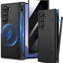 VEGO for Z Fold 6 Case with S Pen Holder, Compatible with MagSafe, with Hinge Protection & Front Privacy Screen Protector, Magnetic Slim PU Leather Cover for Galaxy Z Fold 6 - Carbon Fiber Black
