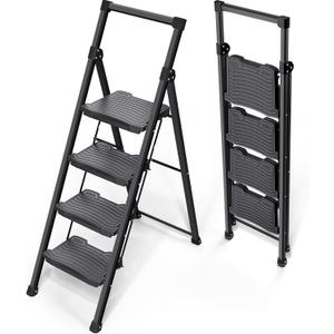 KINGRACK Step Ladder 4 Step Folding, 900lbs 4 Step Ladder with Anti-Slip Wide Pedal and Handrails, Lightwight Household Ladder, Pass 900LBS Testing, for Your Kitchen, Pantry, Closets, Office Use