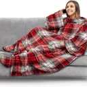 PAVILIA Fleece Blanket with Sleeves, Foot Pockets for Women Men Adults, Plush Wearable Blanket Throw Wrap, Warm Snuggle Blanket Robe, Cozy Gift Ideas Wife Mom, Christmas Plaid