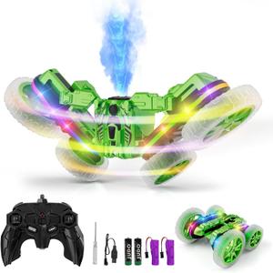 Remote Control Car, 360Rotating 4WD RC Cars with Cool Spray, 2.4Ghz Double Sided RC Stunt Truck with Cool Lights, Drift Car for Kids Toys Best Gifts for Boys Girls Age 4-6 7 8-13 Year Old (Green)