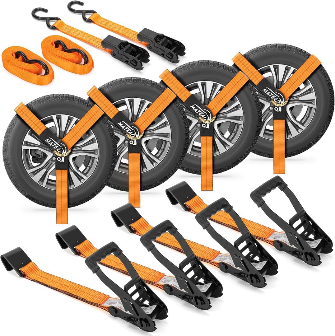 Car Tie Down Straps for Trailers, 1000 lbs Break Strength with Flat Hooks, Lasso Style-4 Pack 2" x 96" Heavy Duty Ratchet Straps, 2 Pack 1" x 15' Cargo Straps,Utv Tie Down Straps Over The Wheel