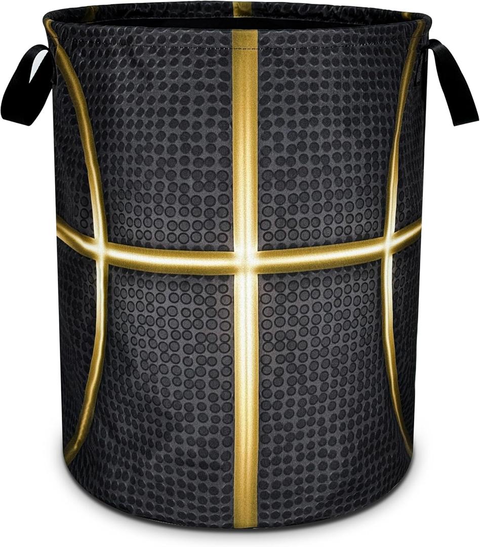 Black And Gold Basketball Laundry Basket Foldable Oxford Cloth Funny Tote Bag Laundry Hamper Clothes Storage Bucket Toy Organizer For Bathroom/Laundry Storage/Bedroom 18.9x16.5 Inch