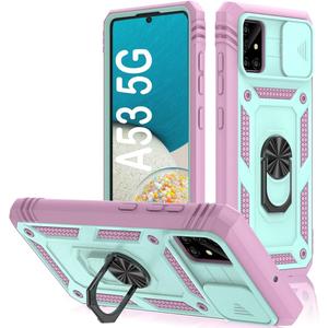PASNEW Hard Case for Samsung Galaxy A53 5G,Metal Kickstand & Slide Camera Cover,Military Grade Heavy Duty Full Body Multi-Layer Shockproof Shell A53,6.5 inch,Green Pink