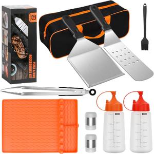 10PCS Griddle Accessories Kit - Flat Top Grill Set for Blackstone and Camp Chef with Basting Brush, Scraper, Grill Tongs,Mat and Grill Tool Bag for Outdoor BBQ