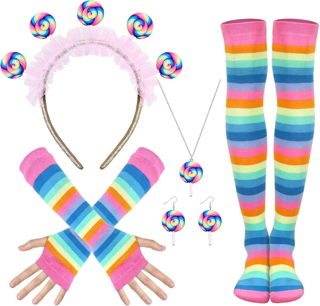 Lollipop Costume Women's Set, Candy Costume for Carnival with Hairband, Earrings, Necklace, Gloves and Overknees