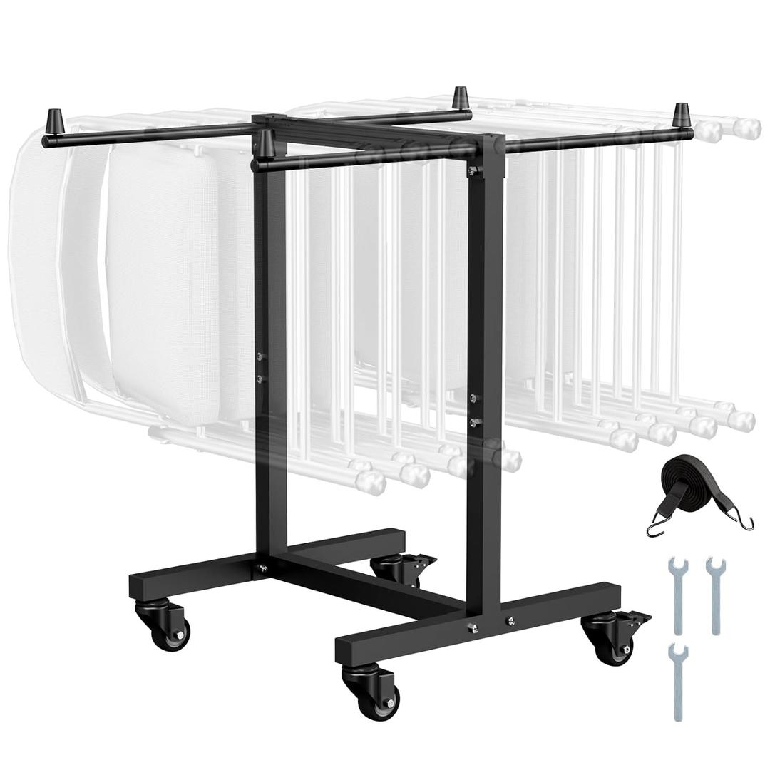 VEVOR Folding Chair Rack, 200 LBS Capacity, T-Shape Chair Cart for 14 Chairs, Heavy-Duty Metal Chair Storage Dolly with Rubber Wheels, Multi-Function Chair Holder for Party Event,Hotel, Matte Black