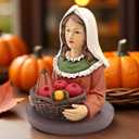 Thanksgiving Girl w Basket on Base  4.13" Resin Fall Harvest Bust Figurine  Autumn Tabletop Decoration for Home, Shelf, or Tiered Tray Display