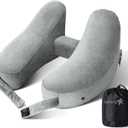 Sunany Travel Neck Pillow for Airplane Pillow Comfortably Supports Head, Neck and Chin, Inflatable Travel Pillow with Soft Velour Cover and Portable Drawstring Bag (Grey, H-Shape)
