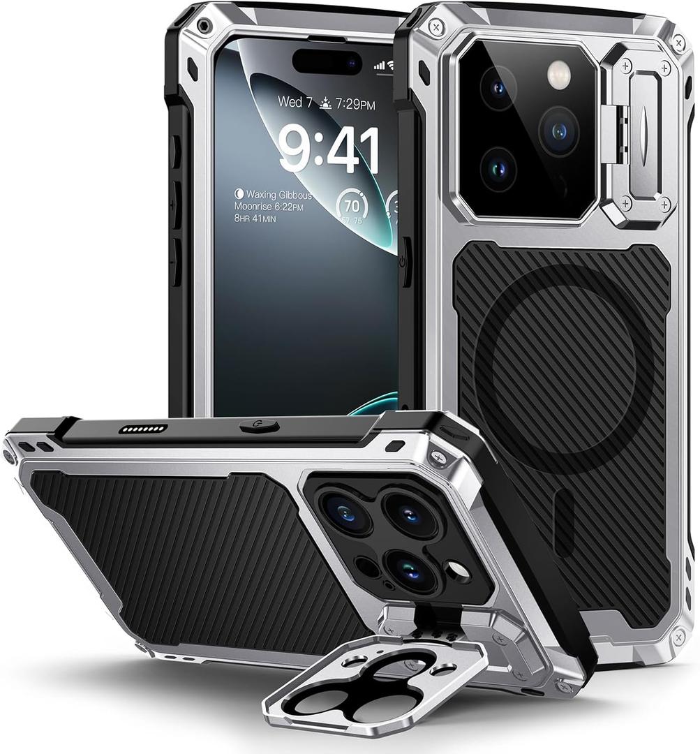 Lanhiem for iPhone 16 Pro Max Metal Case with Camera Cover & Stand [Compatible with MagSafe] [Built-in Kickstand] [Military-Grade Protection] Heavy Duty Rugged Magnetic Phone Case (Silver)