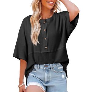 Dokotoo Womens Waffle Knit Tops 2026 Fashion 3/4 Sleeve Casual Button Down Shirts Crew Neck Oversized Patchwork Blouses, Medium