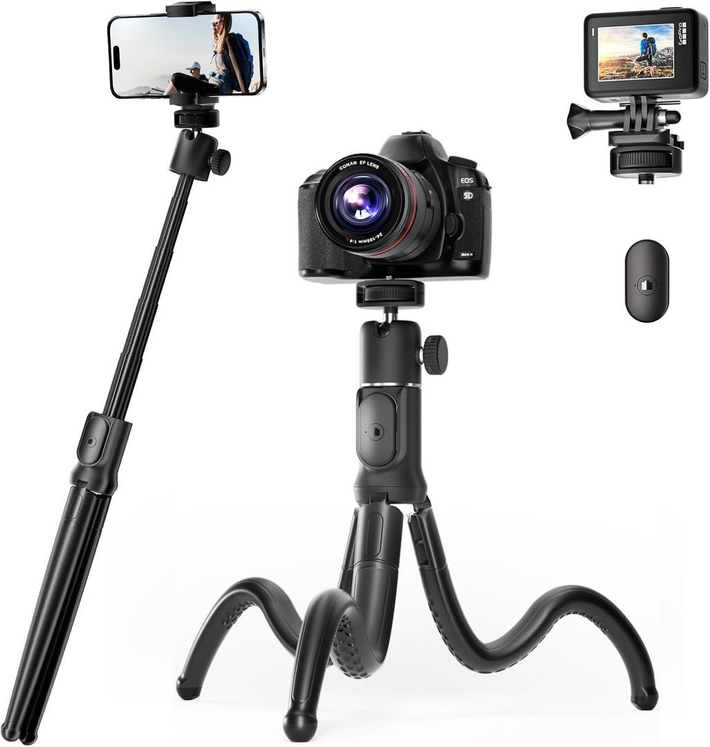 UBeesize Extendable Phone Tripod, Flexible Tripods with Remote, 3 in 1 Selfie Stick with Gopro Mount, iPhone Stand for Recording, Volgging, Live Streaming Fit for Cell Phones, Canon Sony Cameras