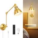 1 Pack Plug in Wall Sconce with Remote, Dimmable, Adjustable Colors, Swing Arm Wall Lamp, Plug in Wall Light with Timer & Night Light (Gold, with Bulb+Remote)
