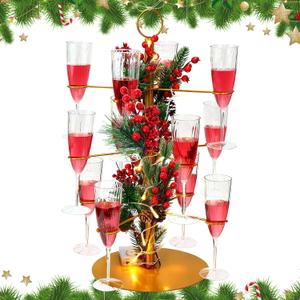 3 Tiers Christmas Gold Cocktail Tree Stand with 12 Holders 12 Pcs 10 oz Glass Light Tree Drink Holder Display Tower with Pinecone Branch for Party Champagne Bar Bridal Shower Wedding