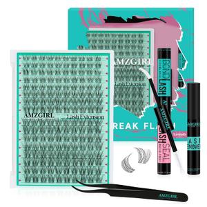 AMZGIRL Natural Lash Clusters Kit, DIY Lash Extension Kit with Full Tools | Beginner-friendly Lashes Clusters Kit for DIY at Home, with Waterproof Lash Bond&Seal, (Lavendy, 160Pcs-D Curl-Mix8-16mm)