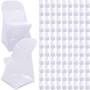 Newwiee 100 Pcs Spandex Chair Covers Bulk - Stretch Folding Flat Front Fitted Universal Chair Protector Pack Removable Washable for Wedding Party Dining Banquet Event (White)
