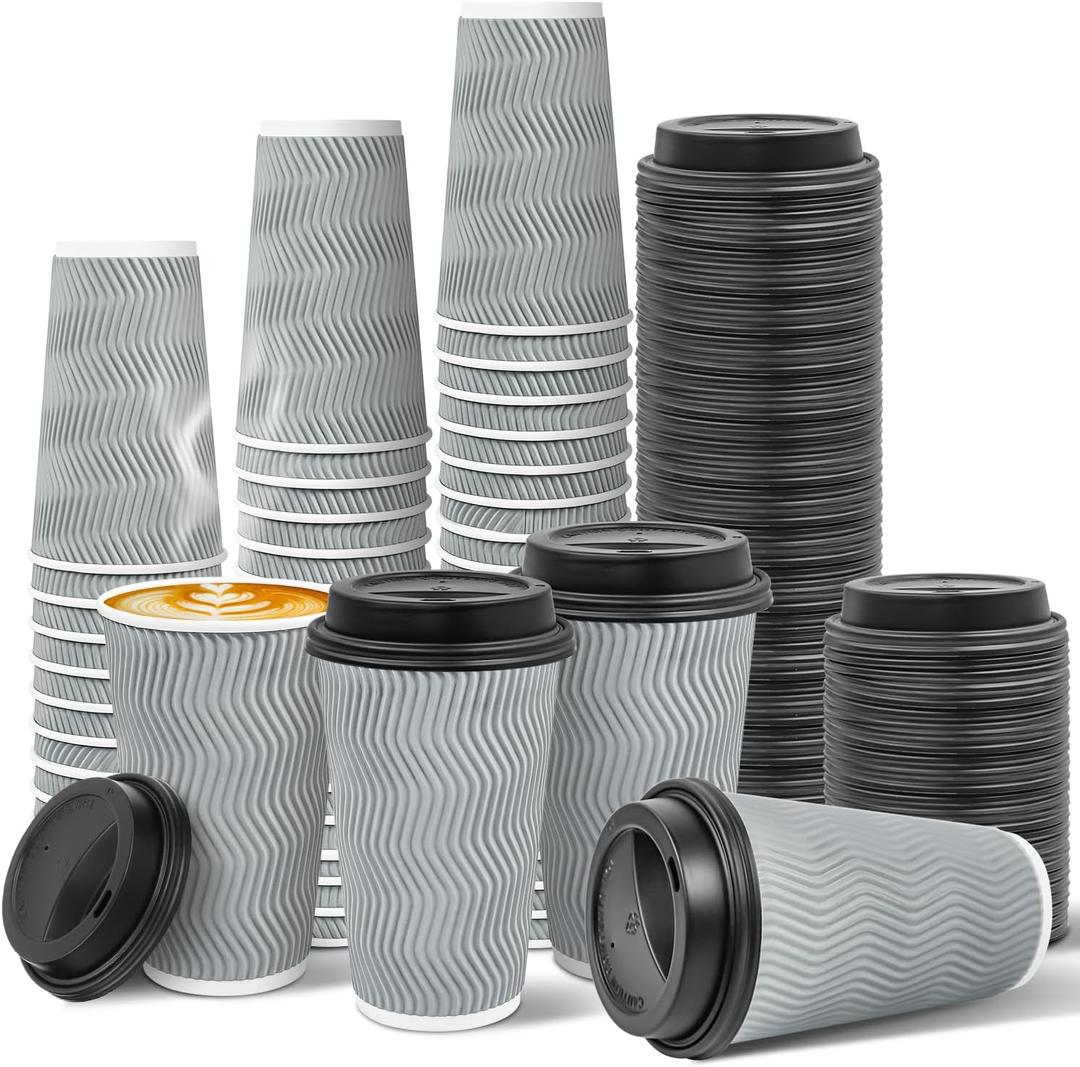 Ginkgo 100 Pack 16 oz Disposable Insulated Coffee Cups With Lids, Double-Walled Ripple To Go Paper Travel Cups for Hot Drinks - Gray