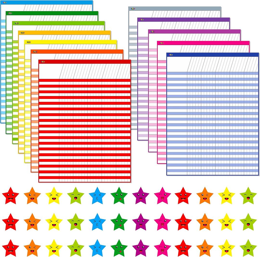 12 Pack Multi-Color Dry Erase Incentive Chart/Chore/Responsibility/School Attendance/Homework Progress Tracking Chart with 2112 Reward Star Stickers, (17" x 22.5")