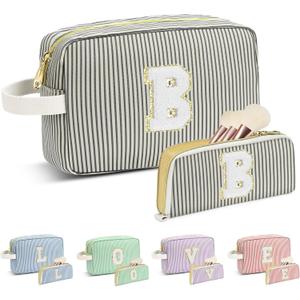 Travel Makeup Bag Christmas Gifts for Women Girl Teens, Personalized Initial Makeup Bag for Cute Teen Girls, Preppy Stuff Toiletry Bag Cosmetic Bag, Teen Girls Gift Trendy Stuff, Letter B (Black&White Stripes)