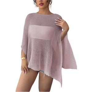 Women's See Through Knit Poncho Shawl 3/4 Sleeve Split Asymmetrical Shrug Sweater Cover Up (L)