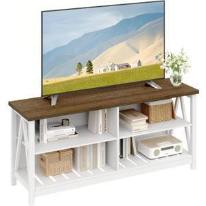 ChooChoo Farmhouse TV Stand for TVs up to 55 Inch, Modern Entertainment Center with 4 Open Shelves & Built-in Cable Holes, Media TV Console for Living Room, Bedroom, White