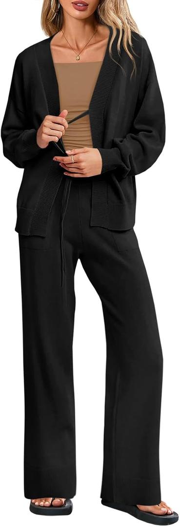 Tankaneo Womens 2 Piece Sweater Sets Oversized Tie Front Cardigan Elastic Waist Pants 2025 Matching Loungewear (Black, S)