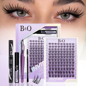 B&Q Bella Lash Clusters Kit Natural Lashes Clusters Wispy Invisible Band Manga Lashes Individual Lashes Bond and Seal Eyelash Extension Kit Easy Removal (Bella Kit)