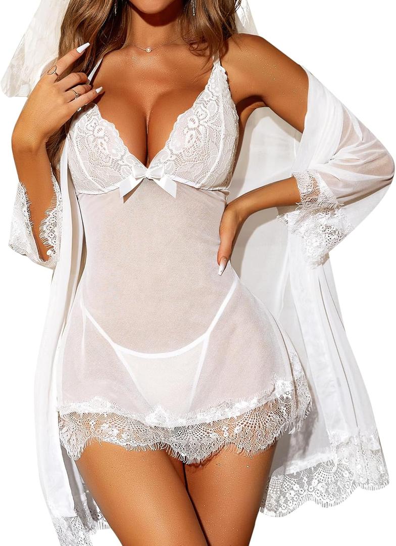 RSLOVE Women Sexy Lingerie Set 3 Piece Babydoll & Lace Kimono Robe Strap Chemise Sleepwear Mesh Nightgown (Large, White)