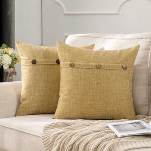 MIULEE Set of 2 Decorative Linen Throw Pillow Covers Cushion Case Triple Button Vintage Farmhouse Pillowcase for Couch Sofa Bed 18 x 18 Inch Yellow (18" x 18" (Pack of 2))