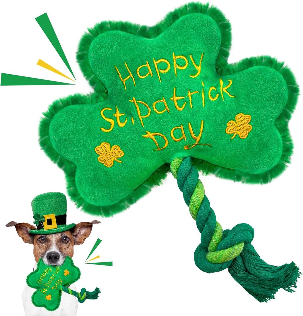 St. Patrick's Day Dog Toy, Squeaky Dog Toys with Rope, Plush Shamrock Clover Stuffed Toys, St. Patrick's Day Gifts for Small and Medium Dogs, Only Suitable for Pet Use