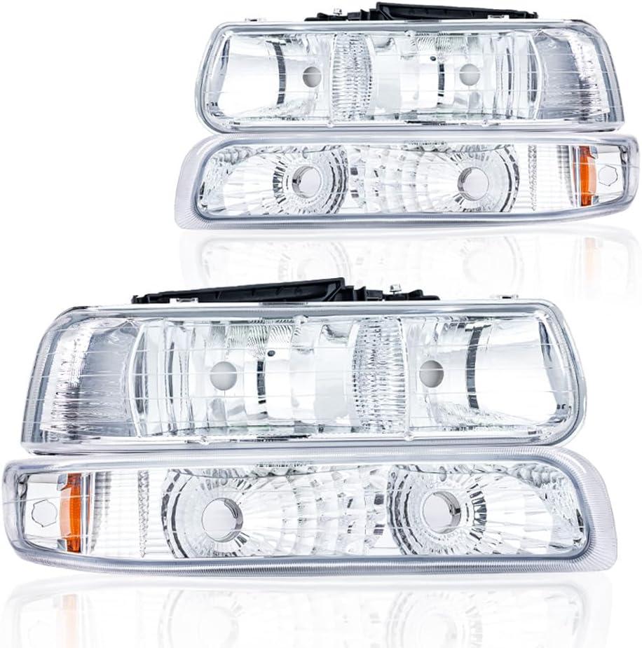 Headlight Assembly, Compatible with 1999-2002 Chevy Silverado 1500 2500/2001-2002 Silverado 1500HD 2500HD 3500HD Chrome Housing Amber Reflector