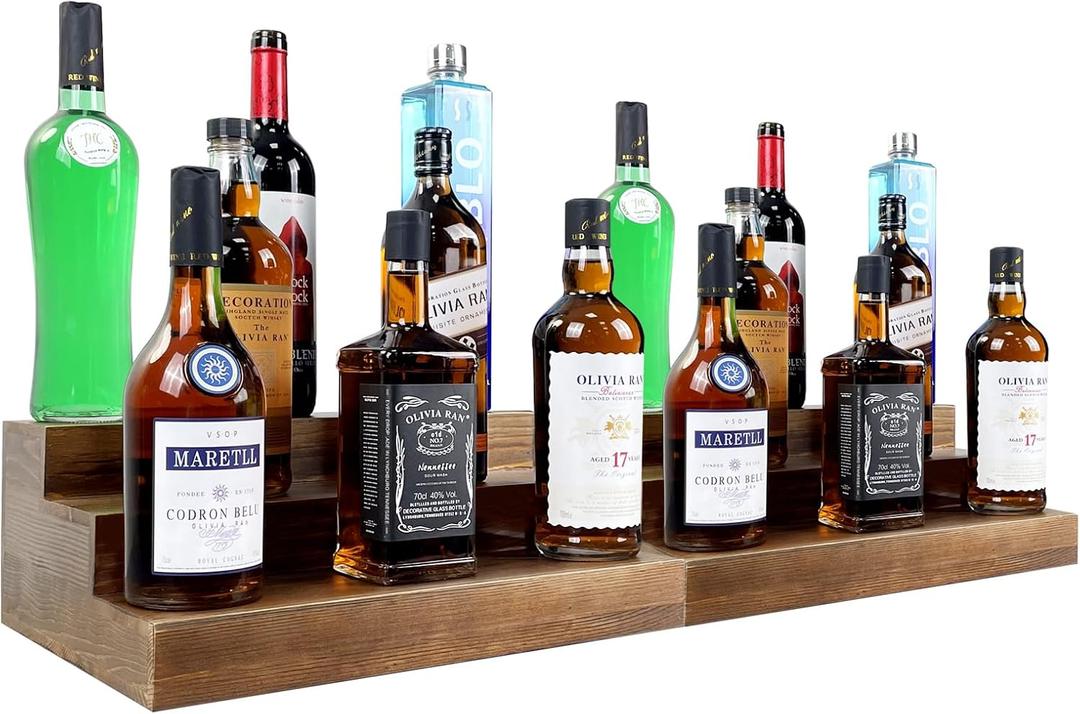 TONGMO Liquor Bottle Stand - 2pack 16 Inch 3 Tier Liquor Bar Bottle Display Shelf, Holds 30 Bottles, Solid Wood, No Installation Required (Dark Walnut)