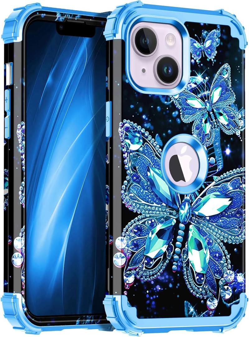 Miqala Compatible with iPhone 14 Plus Case,Glow in The Dark Three Layer Heavy Duty Shockproof Hard Plastic Bumper+Soft Silicone Protective Case for Apple iPhone 14 Plus,Blue Crystal