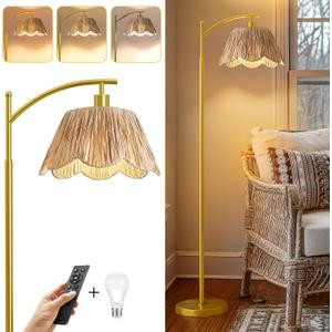 Oneach Boho Floor Lamp with 3 Color Temperatures, Farmhouse Floor Lamps for Living Room with Remote & Dimmable Bulb, Rattan Floor Lamp for Bedroom, Gold