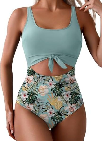 Eomenie Women's One Piece Swimsuit Tummy Control Slimming Bathing Suit Cutout Tie Knot Swimwear Army Green, Print,  L