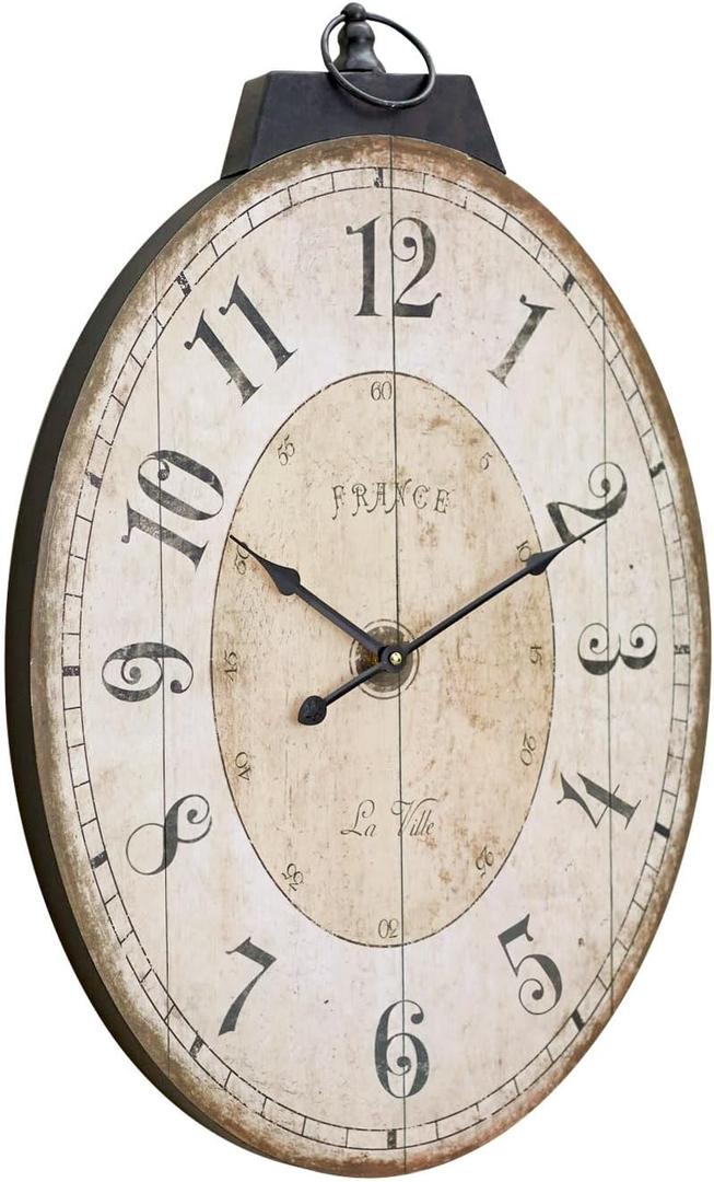 24" H * 18" W Large Oval Wall Clock, Vintage French Decorative Wall Clock with Arabic Numerals, Rustic Farmhouse Antique Wall Clock for Living Room Bedroom Kitchen Home Decor