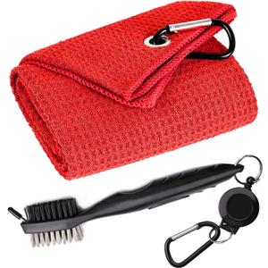 Golf Towels, Microfiber Waffle Pattern Tri-fold Golf Towel - Brush Tool Kit with Club Groove Cleaner, with Clip Men Women Golf Gifts (Red Towel+Black Brush) Golf Towels, Microfiber Waffle Pattern Tri-fold Golf Towel - Brush Tool Kit with Club Groove Cleaner, with Clip Men Women Golf Gifts (Red Towel+Black Brush)