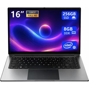 Laptop 16-inch , 8GB DDR 256GB SSD portable laptop computer, expandable to 1TB, Pentium quad-core CPU up to 2.64 GHz, 9000mAh battery, interface, USB3.0 interface, dual-band WiFi, webcam, slim laptops