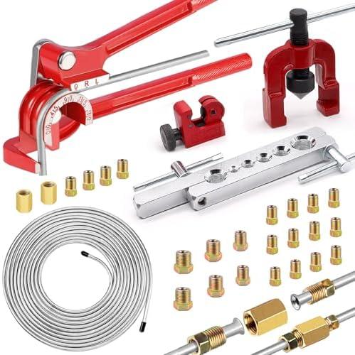 smseace 26Pack 3/16 Inch Brake line kit Include 25 FT Zinc-Plated Brake Lines with Fitting(16pcs Fittings,2pcs Union+4pcs Nut) Brake line Bender,Single Flare Tool,Cutter 3/16 Inch Brake line kit