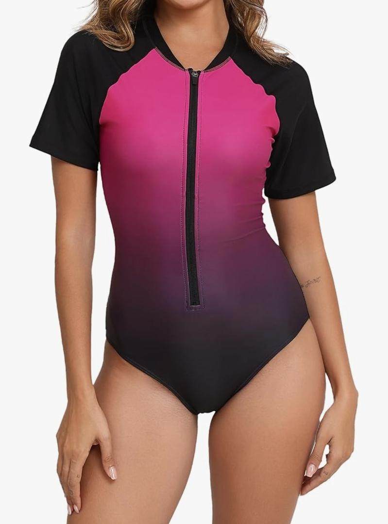 Halcurt Women's Short Sleeve One Piece Rash Guard Swimsuit Zip Front UPF50+ Surfing Athletic Bathing Suit,L