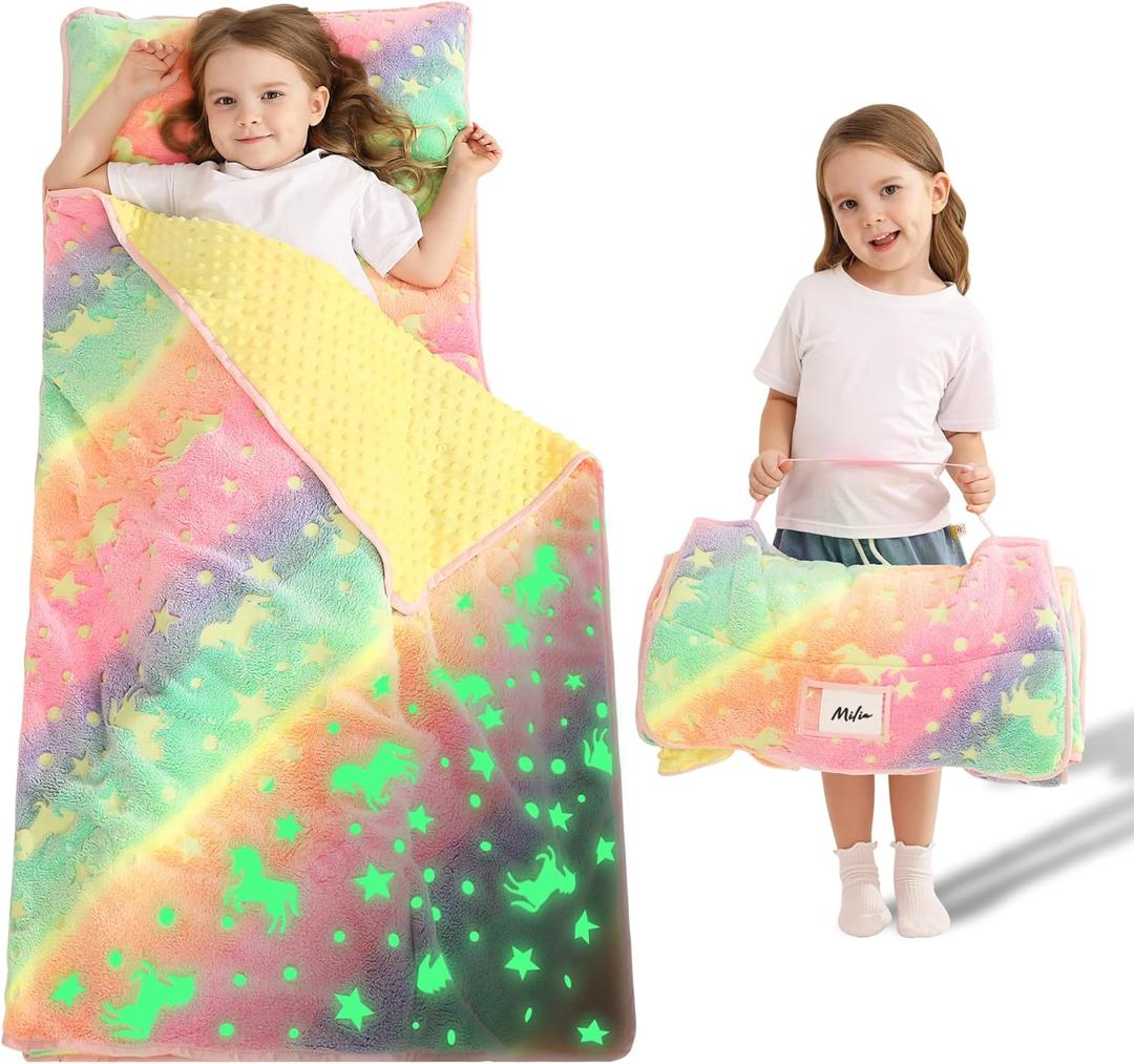 Lasoftan Toddler Nap Mat with Pillow and Blanket, Extra Large Rolled Napping Mats,Slumber Bags for Boys Girls,Kids Sleeping Bag for Daycare, Preschool Travel Camping (Glowing Unicorn)