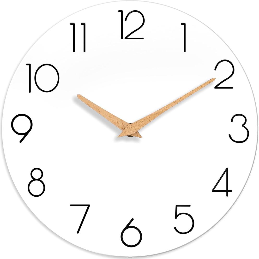 Wall Clock, 14 Inch Wooden Silent Non-Ticking, Decorative Battery Operated Wall Clocks for Bedroom, Kitchen, Home, Living Room, Office, School, Hotel (White)