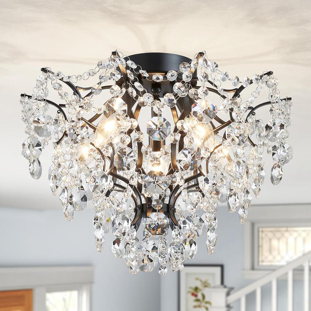 WUZUPS 5-Light Crystal Chandelier Flushmount Ceiling Light Modern Lighting Fixture for Bedroom Hallway Bar Kitchen Bathroom, H 12" W 15.4", E12 Base, Black