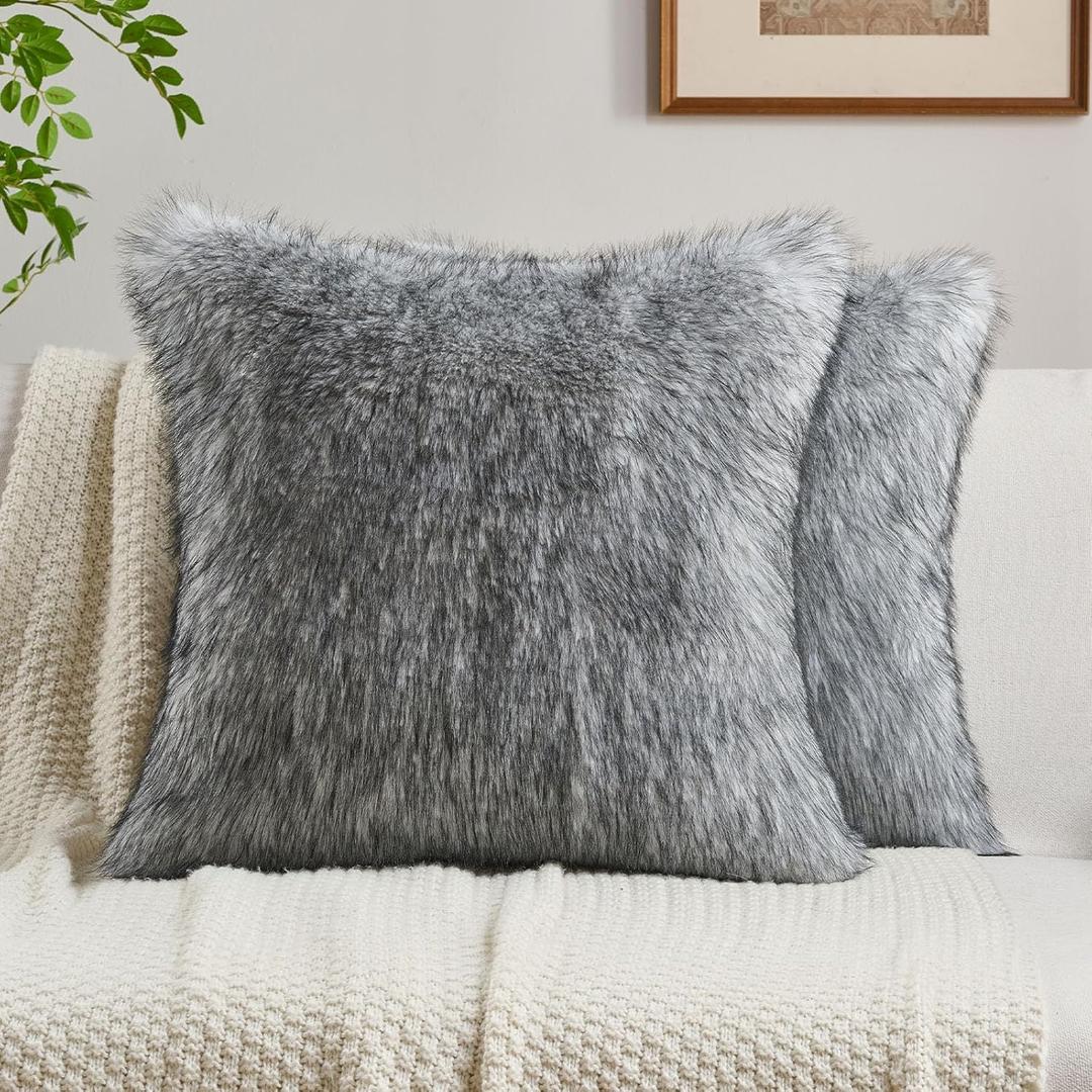FUTEI Pack of 2 Faux Raccoon Fur Plush Throw Pillow Covers 18x18 Inch Soft Fluffy Farmhouse Decorative Cushion Case Modern Luxury Accent for Couch Bed Living Room, Grey White